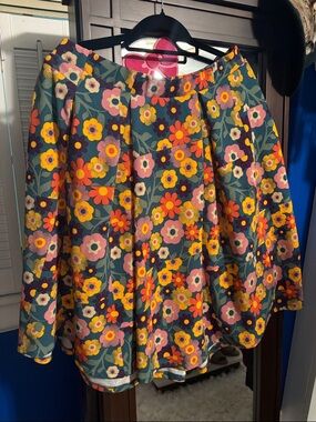 Floral A-Line Skirt in Teal with Multicolor Flowers